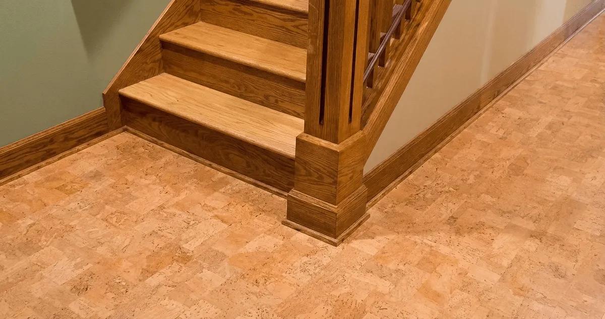 End of a staircase with cork flooring in Boston, MA